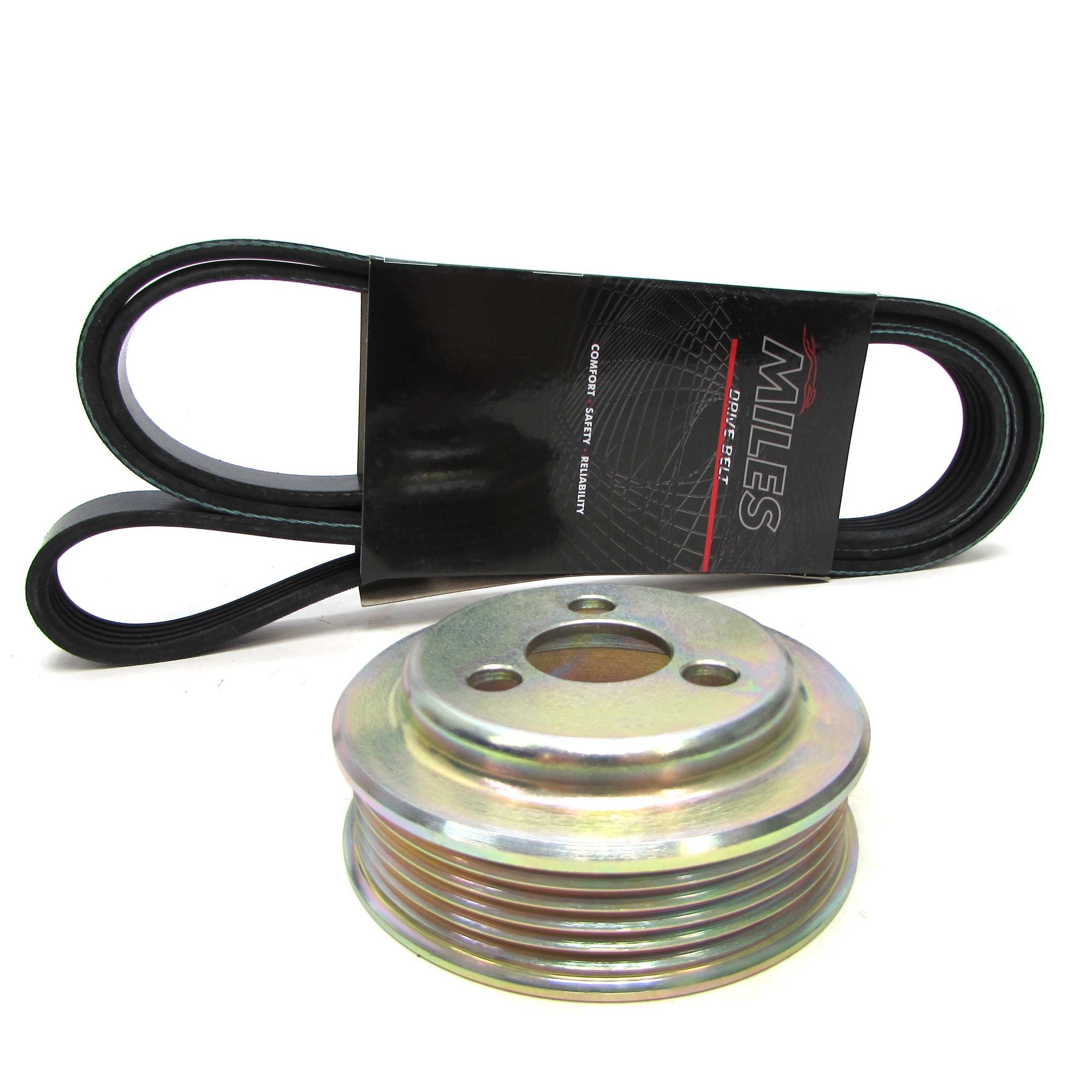 Шкив водяного насоса 90 мм ВАЗ 2123 Chevrolet Niva металлический уменьшенный (в комплекте с ремнем 5РК1815)